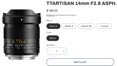 초저가 풀프레임 초광각 렌즈, TTArtisan 14mm f/2.8 출시! 단돈 196달러!